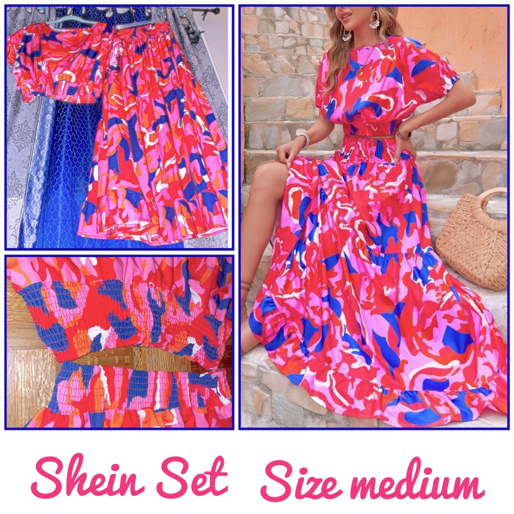 SHEIN VCAY Allover Print Batwing Sleeve Top & Shirred Ruffle Hem Skirt Multicolo